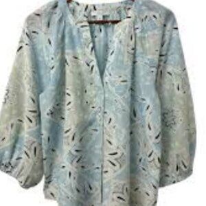 Ann Taylor Weekend Paisley Blouse Large Blue Boho Button Front Top